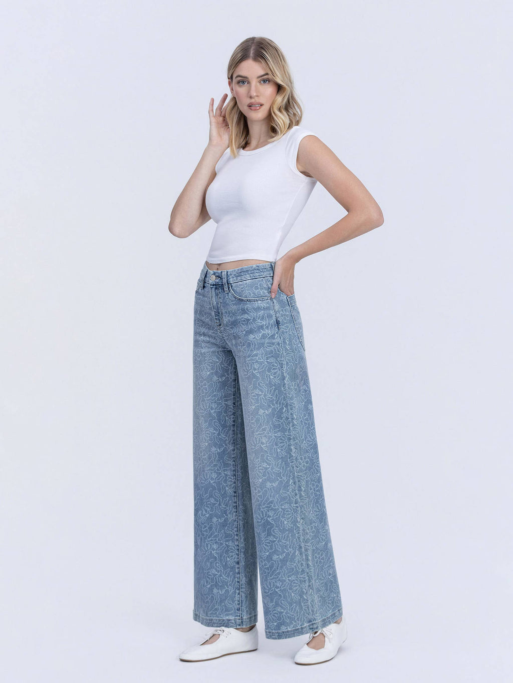 HIGH RISE MEDIUM LIGHT FLORAL PRINT WIDE LEG JEANS T7335FPR