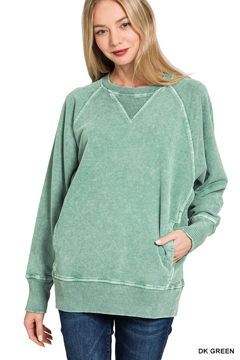 Halo Washed French Terry Raglan Sleeve Pullover W/ Pockets - Zenana