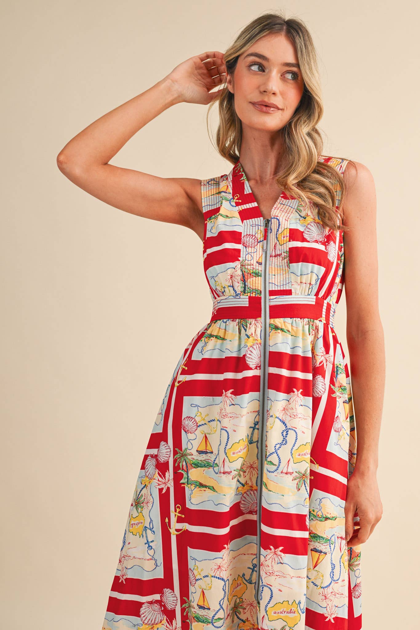 EXCLUSIVE NAUTICAL MAP PRT ZIPPER FRONT MIDI DRESS MDR5194