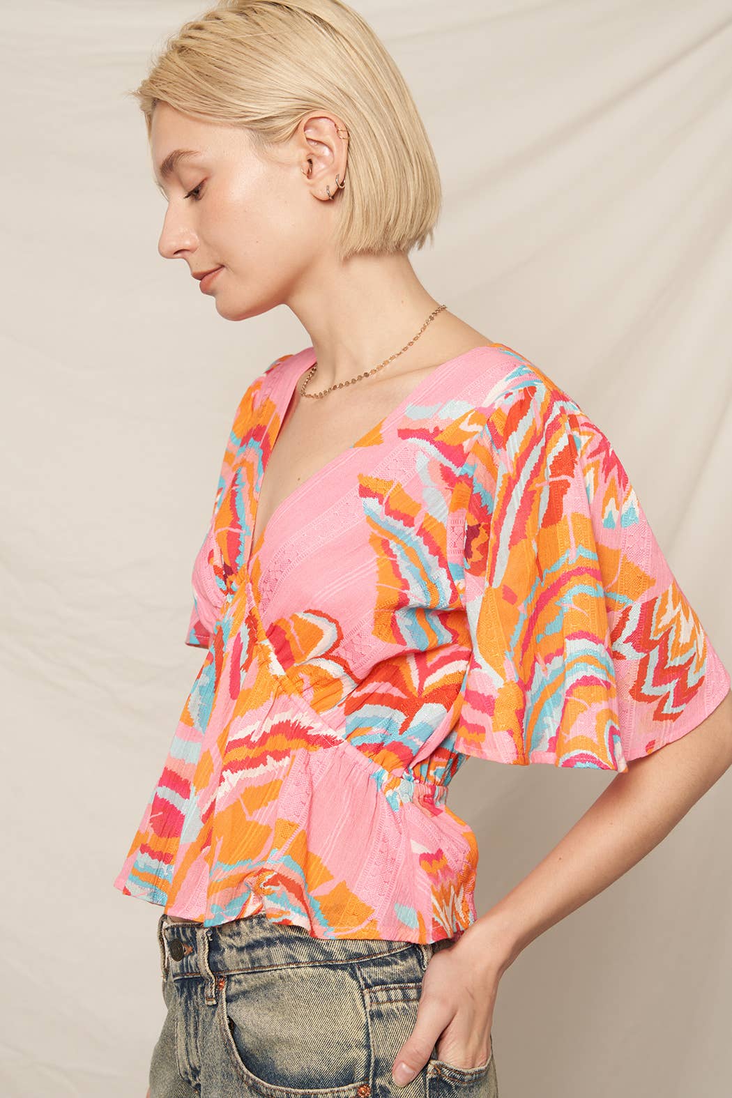 Printed Flutter Sleeve V-Neck Top