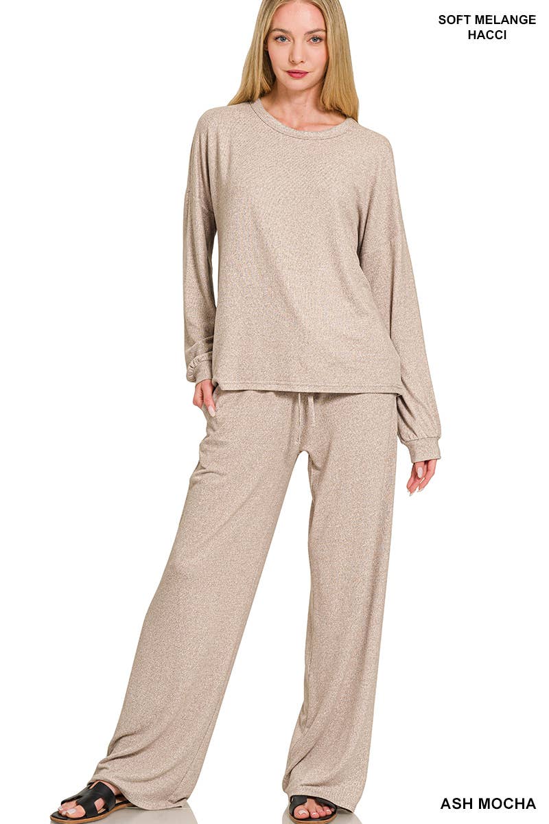 Soft Melange Hacci Long Slv Tee & Pants Set Zenana