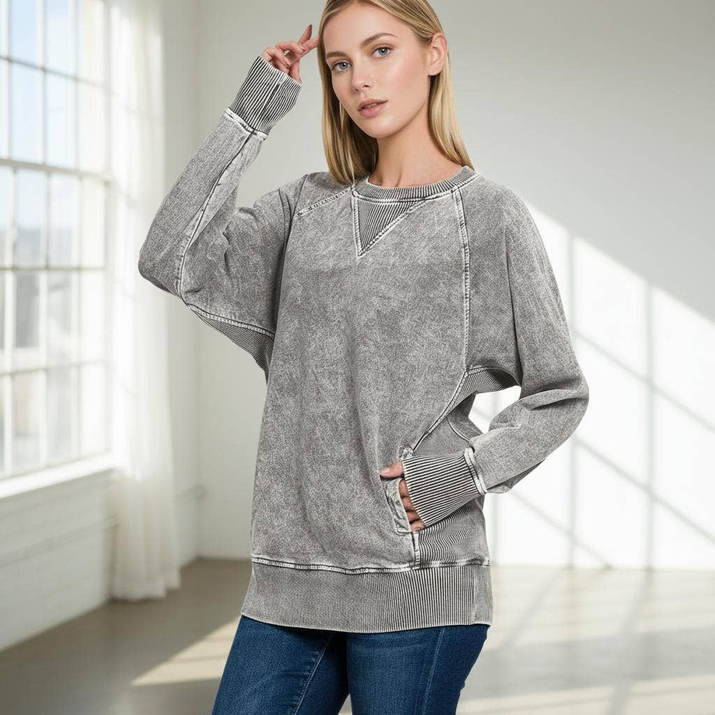 Halo Washed French Terry Raglan Sleeve Pullover W/ Pockets - Zenana