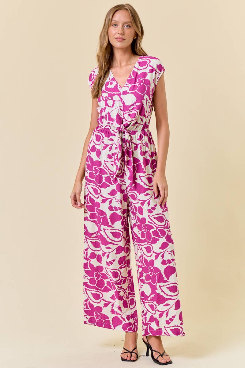 Floral Print V-Neck Wide Leg Front Tie Jumpsuit