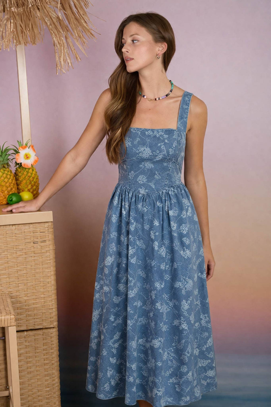 FLORAL JACQUARD CORSET DETAIL MIDI DRESS