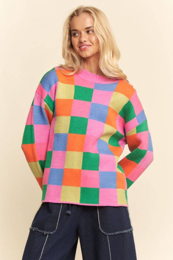 Multicolor Checkerboard Knit Pullover Sweater