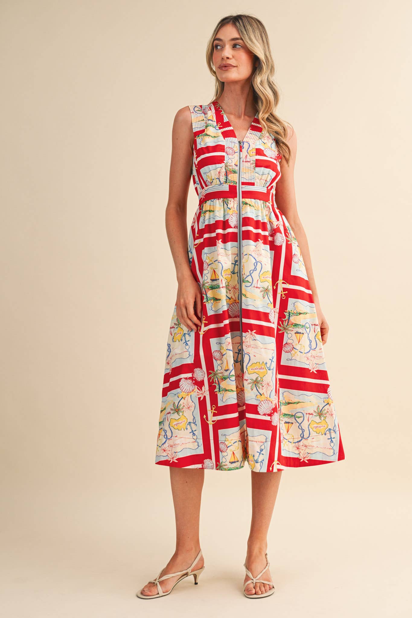 EXCLUSIVE NAUTICAL MAP PRT ZIPPER FRONT MIDI DRESS MDR5194