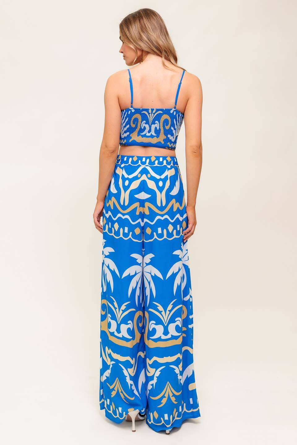 A printed woven crop top and pant set - IT13655-SET