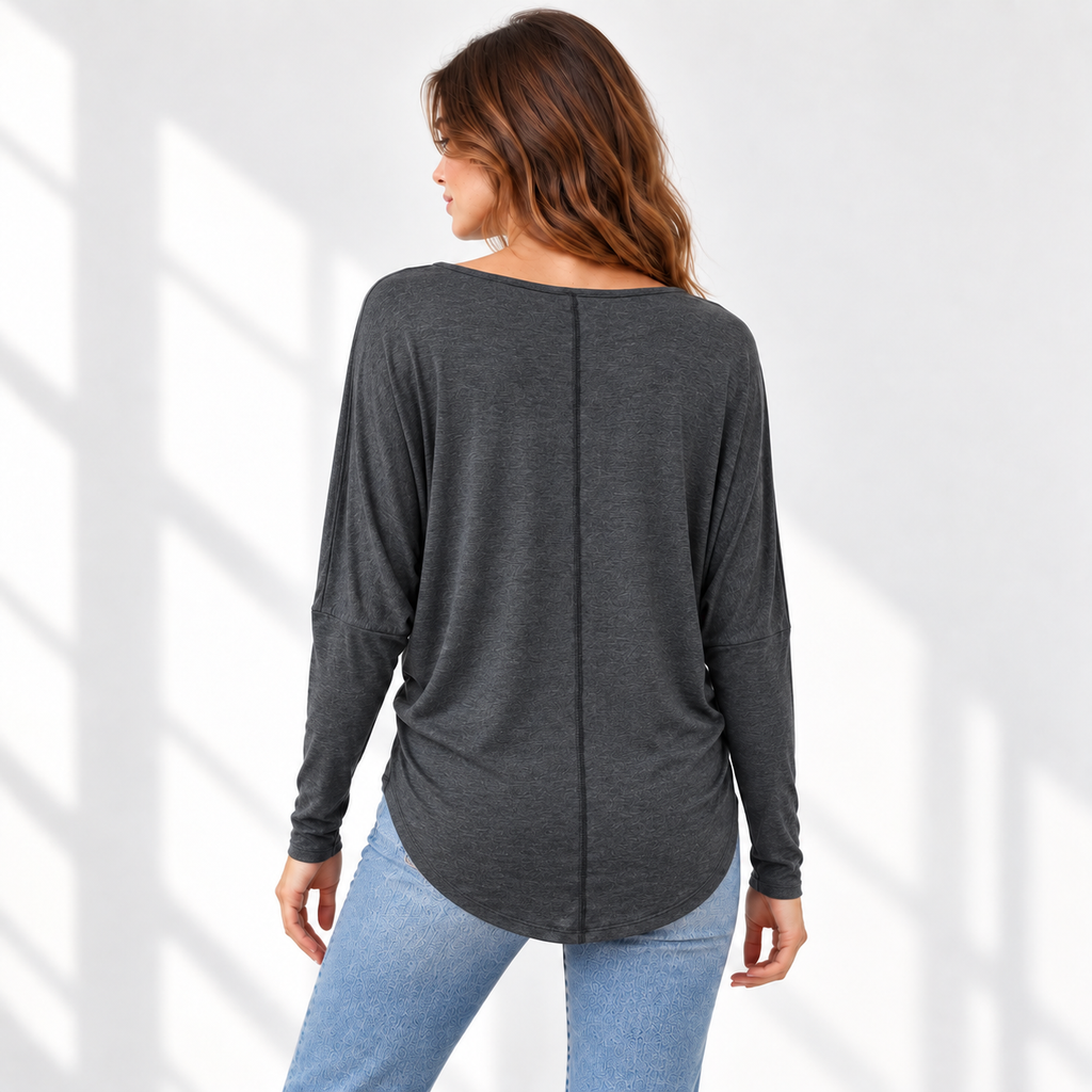Relaxed Dolman Sleeve Top with Curved Back Hem