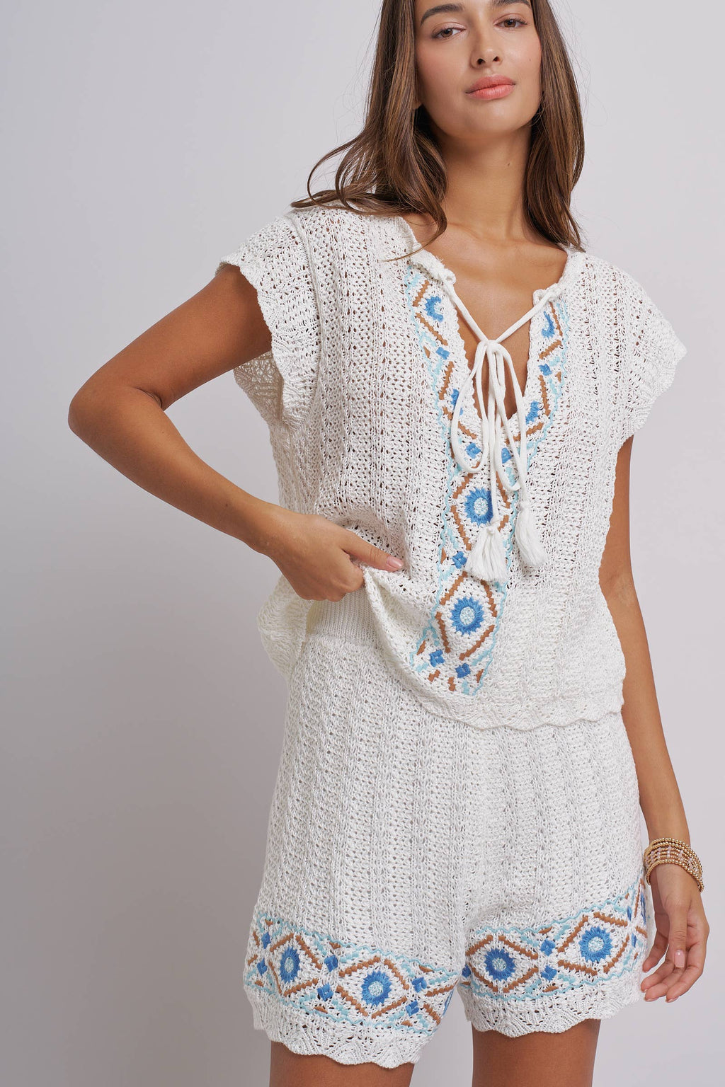 Geometric Embroidered Crochet Knit Top And Shorts Set
