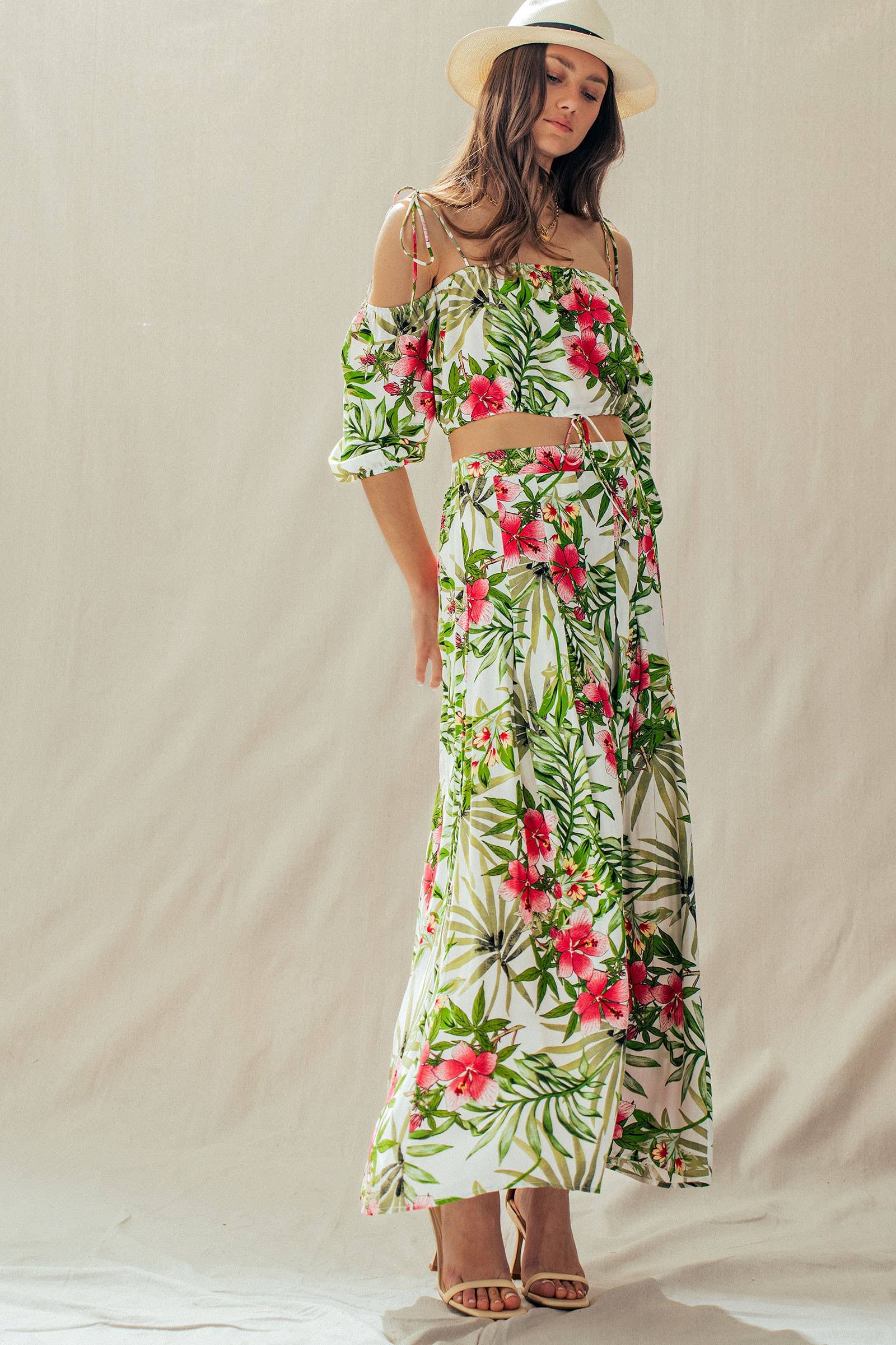 Off Shoulder Crop Top with Floral Maxi Skirt