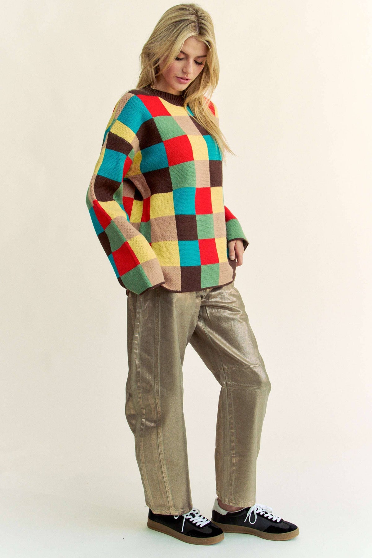 Multicolor Checkerboard Knit Pullover Sweater