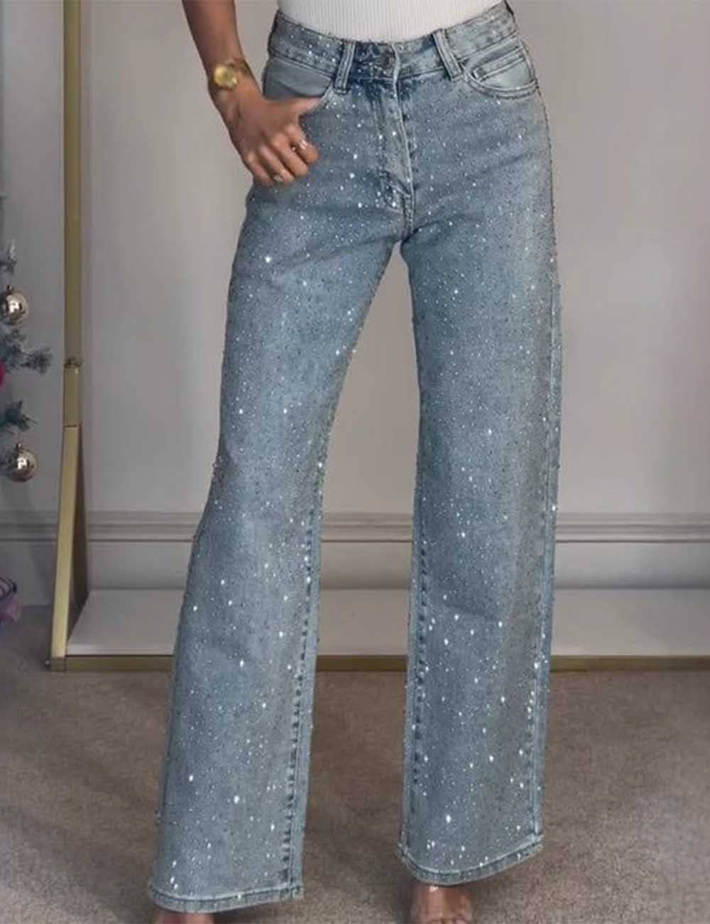 Ladies Rhinestone Button Pocket Straight Denim Pants