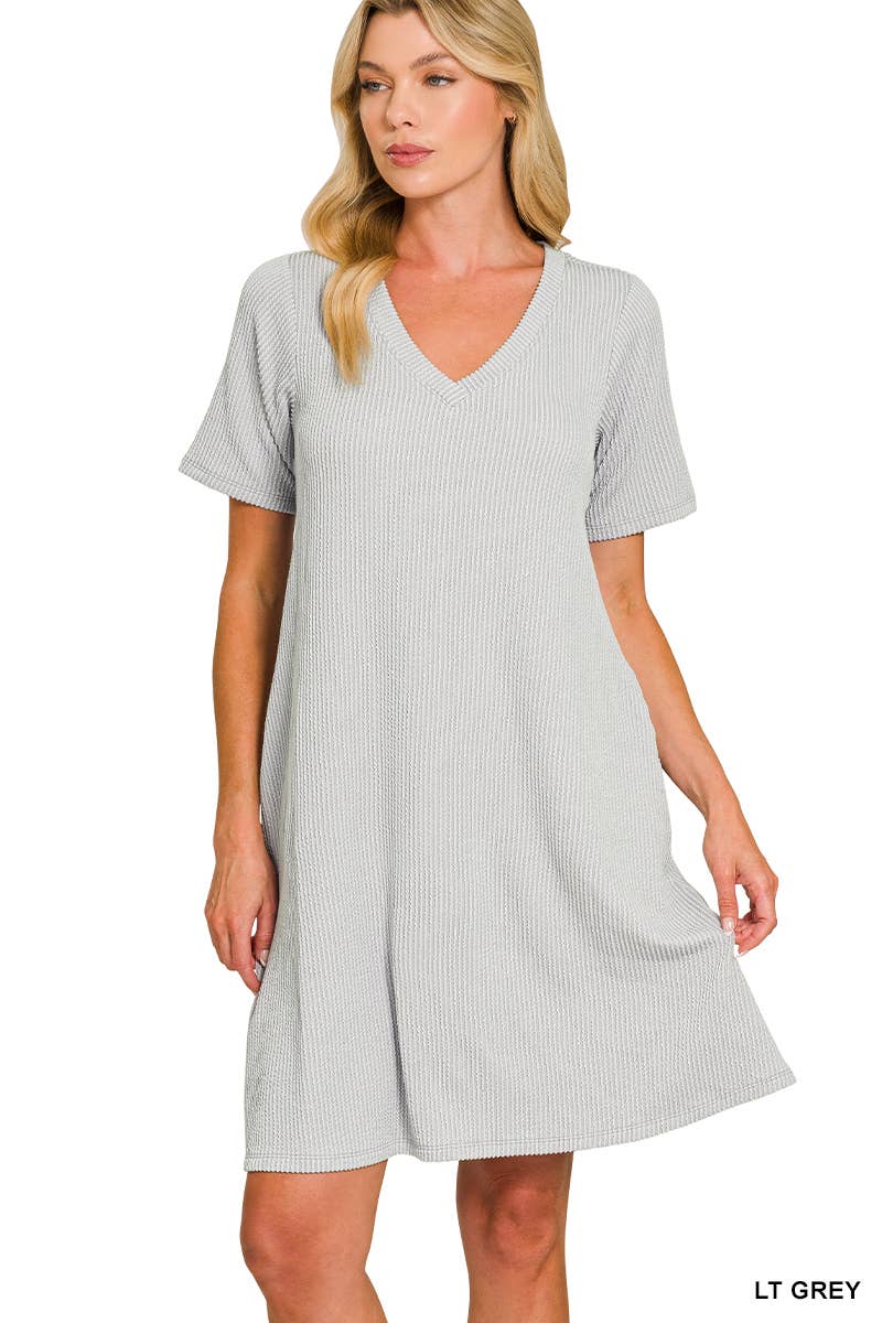 Raised Rib V Neck  A Line Dress With Side Pockets