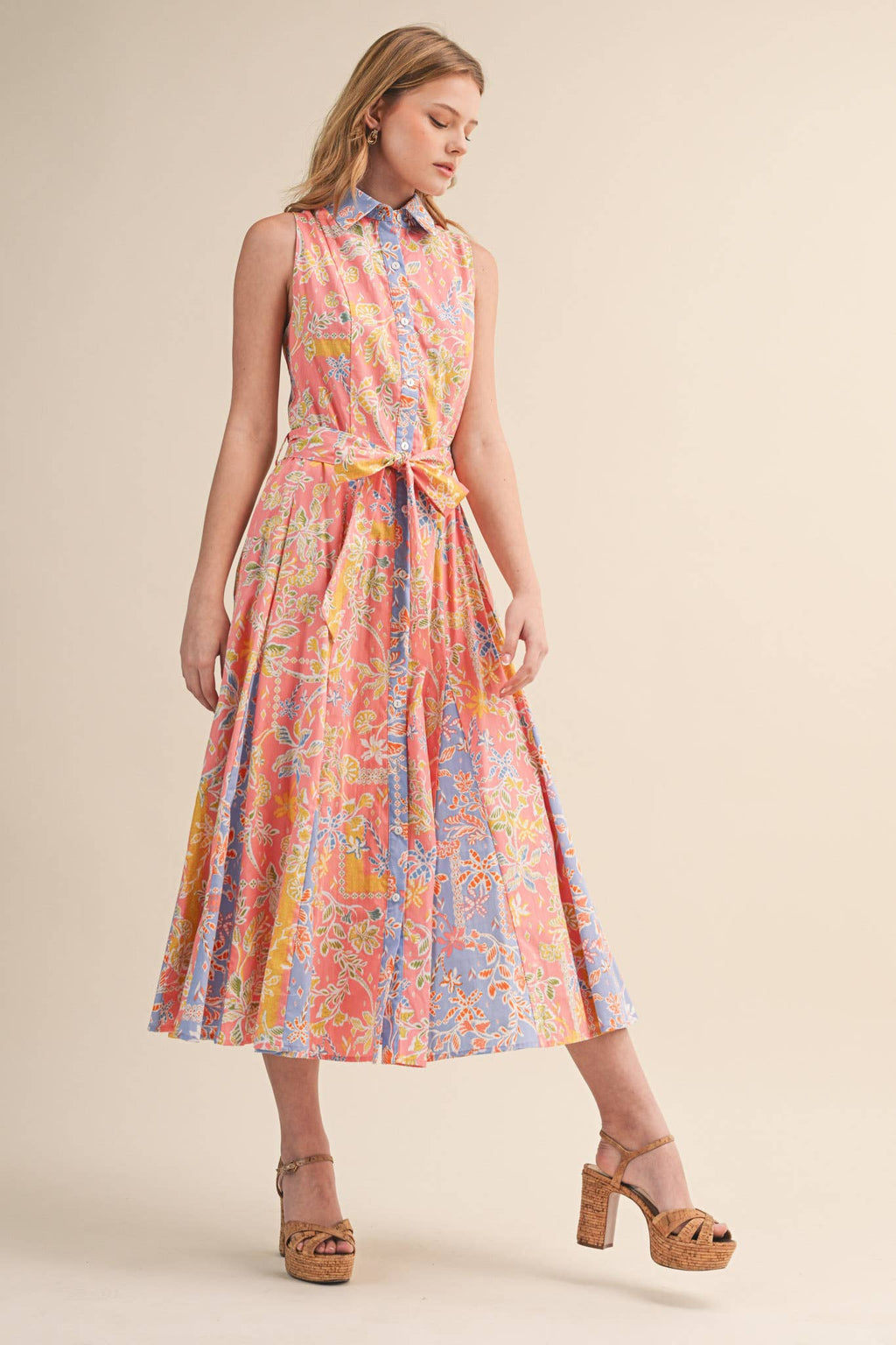 MIXED FLORAL PRINT BELTED BUTTON DOWN MIDI DRESS MDR4733