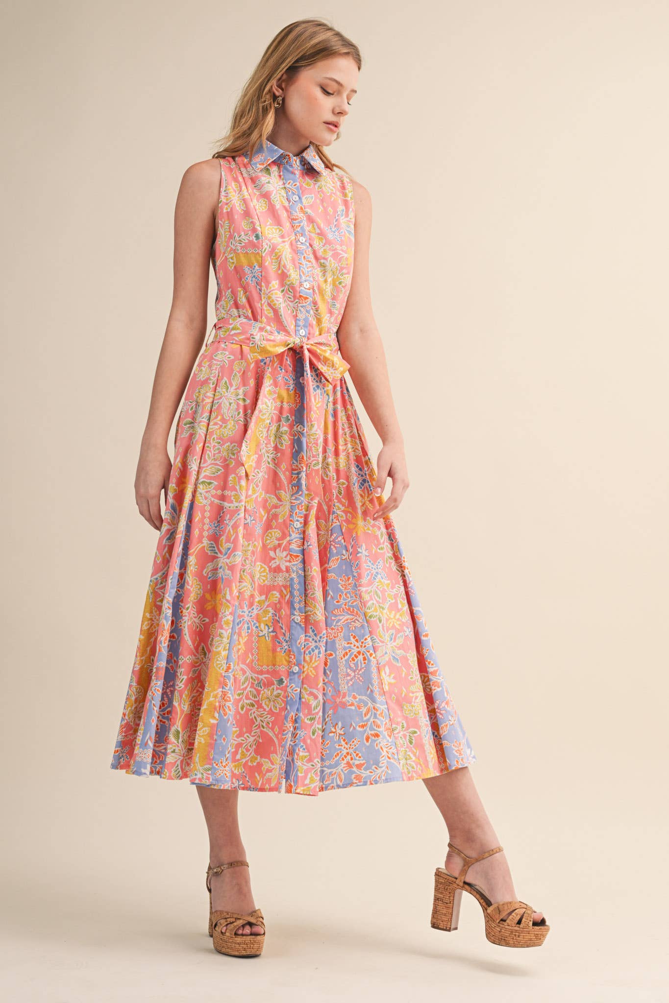MIXED FLORAL PRINT BELTED BUTTON DOWN MIDI DRESS MDR4733