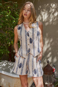 Blue Embroidered Linen Blend Button Front Vest