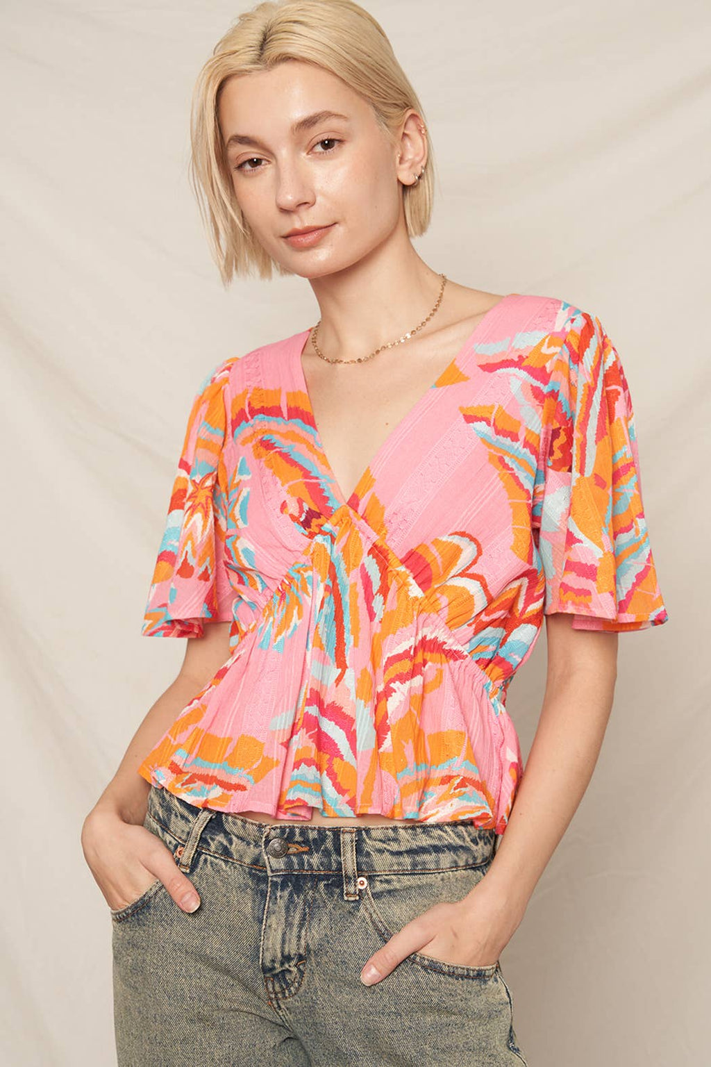 Printed Flutter Sleeve V-Neck Top
