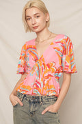Printed Flutter Sleeve V-Neck Top