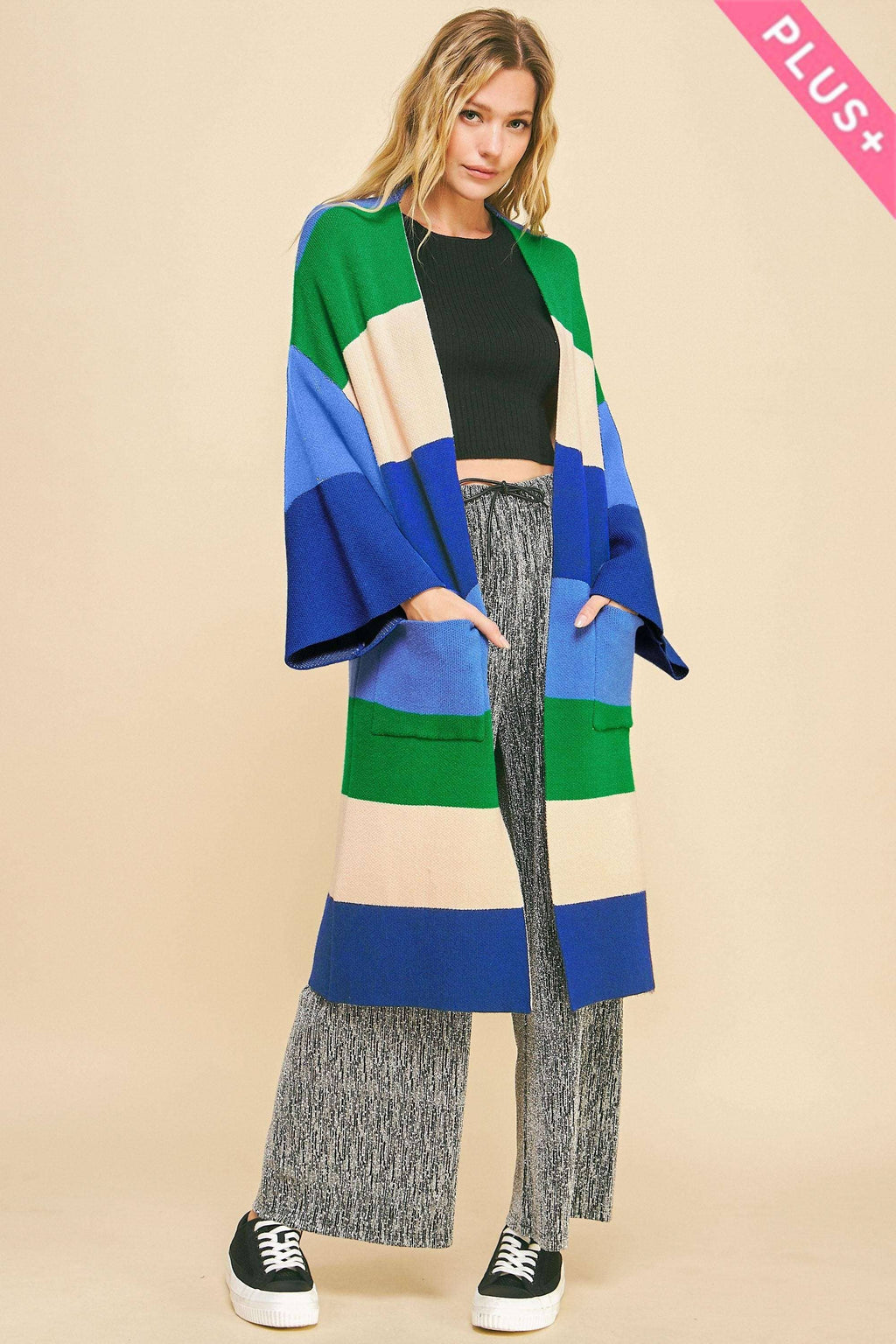 Plus - Multi Stripe Kimono Sleeve Longline Open Cardigan