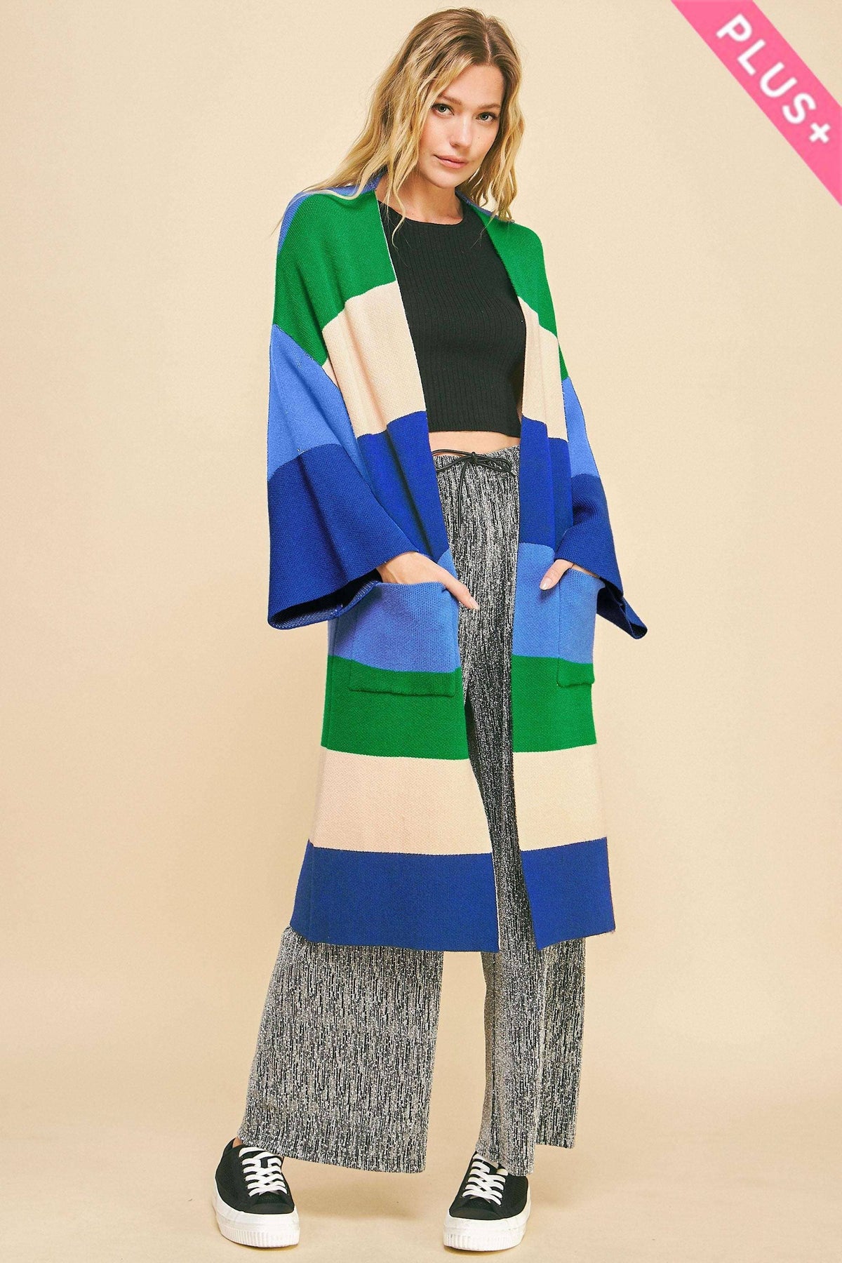 Plus - Multi Stripe Kimono Sleeve Longline Open Cardigan