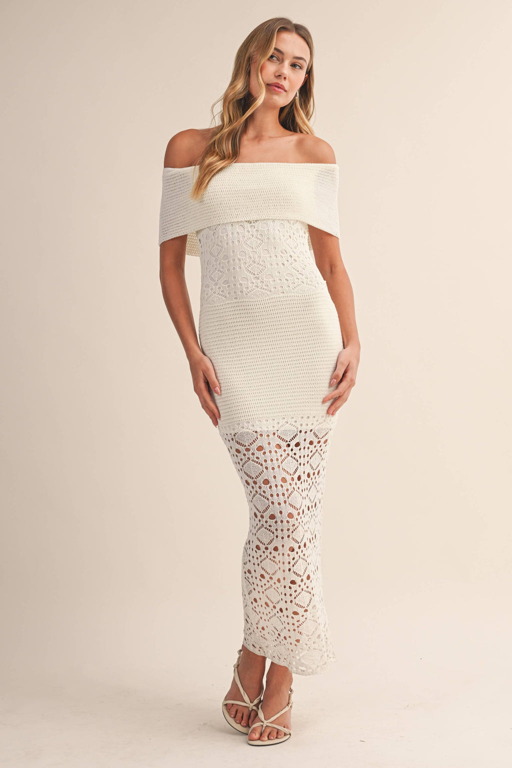 CROCHET FOLDOVER OFF SHOULDER SWEATER MAXI DRESS