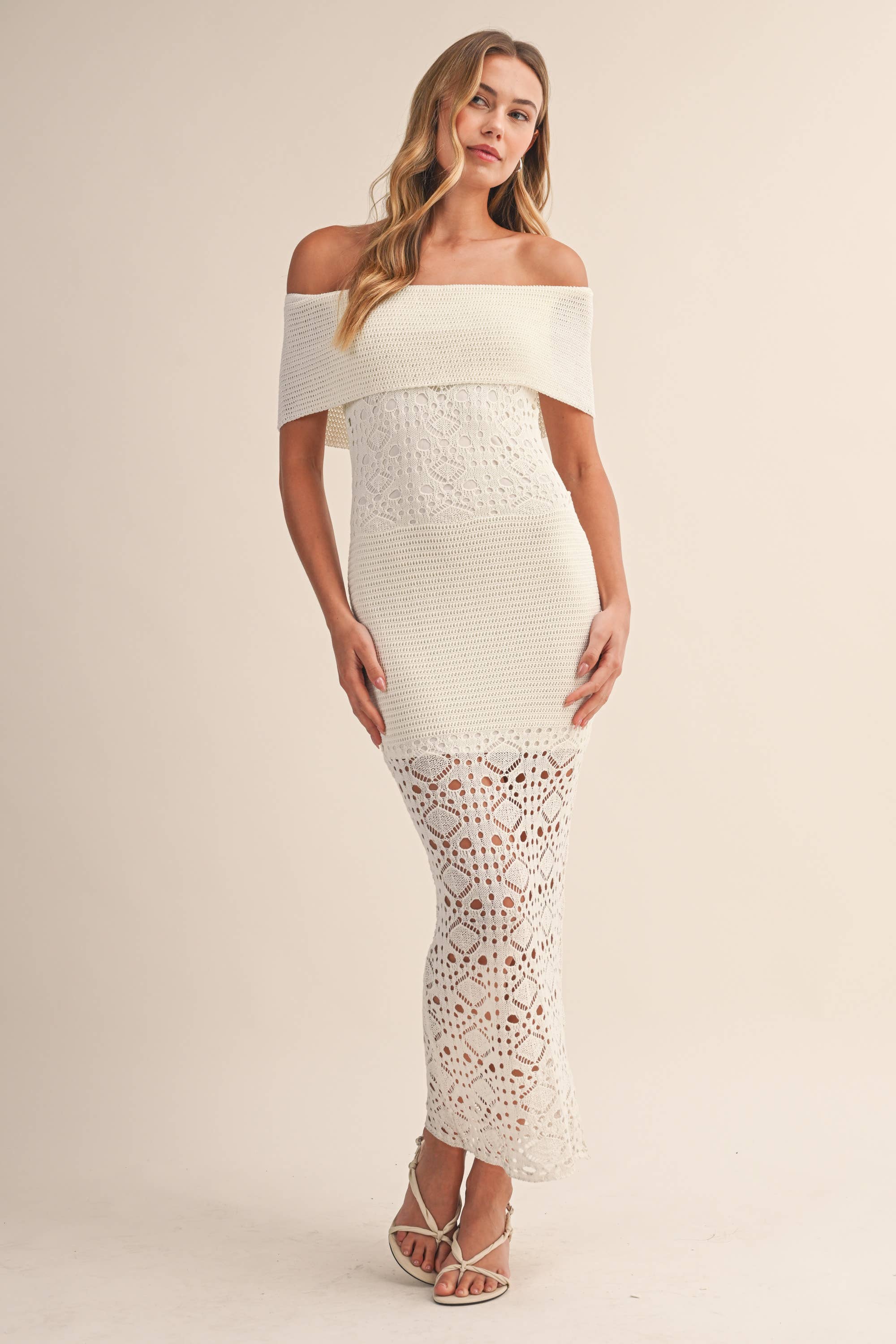CROCHET FOLDOVER OFF SHOULDER SWEATER MAXI DRESS