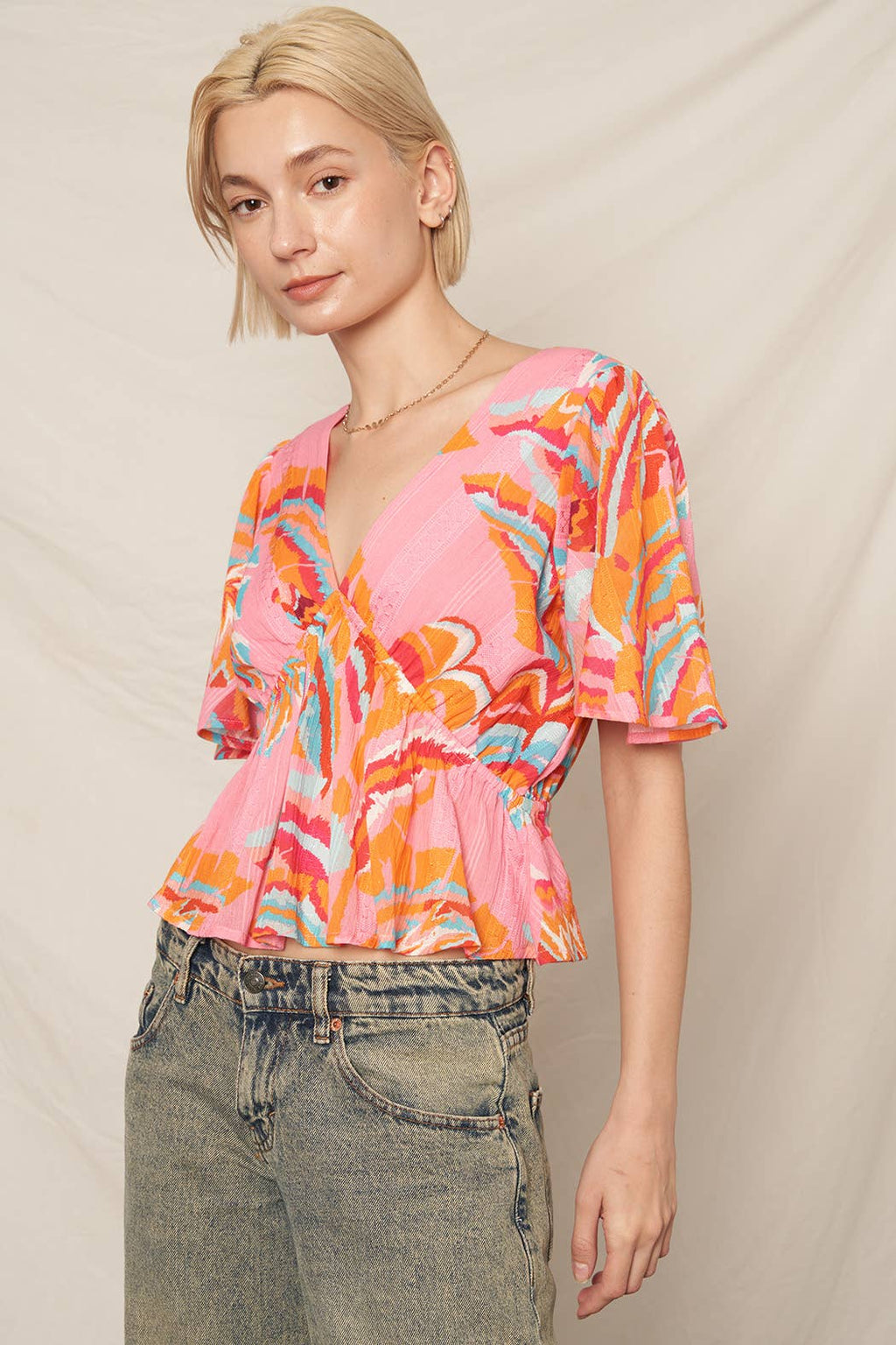 Printed Flutter Sleeve V-Neck Top