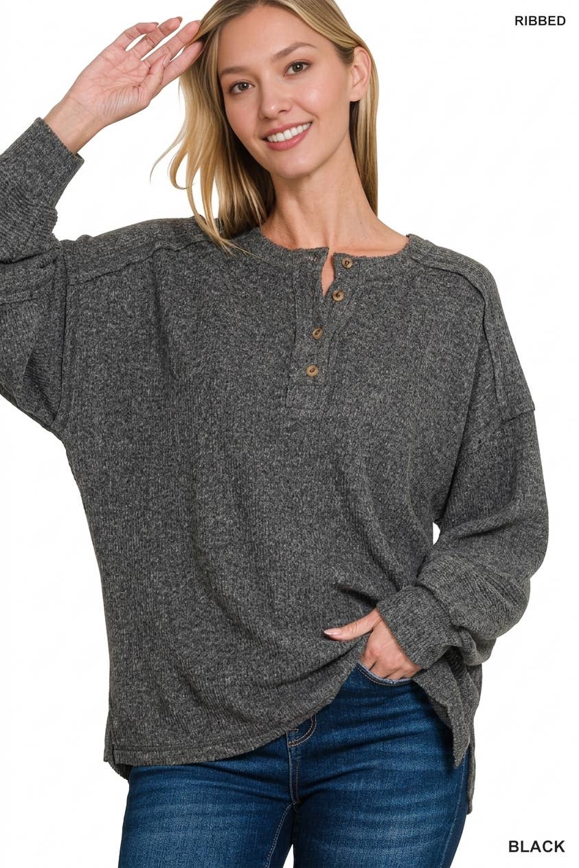 Ribbed Brushed Hacci Melange Henley Sweater