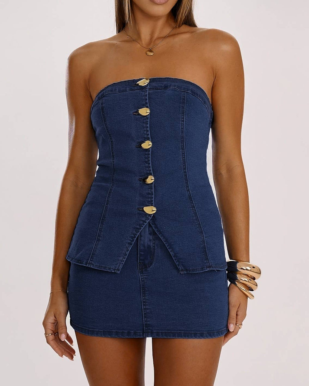 Western Denim Bandeau Top & Mini Skirt Slim Fit Set