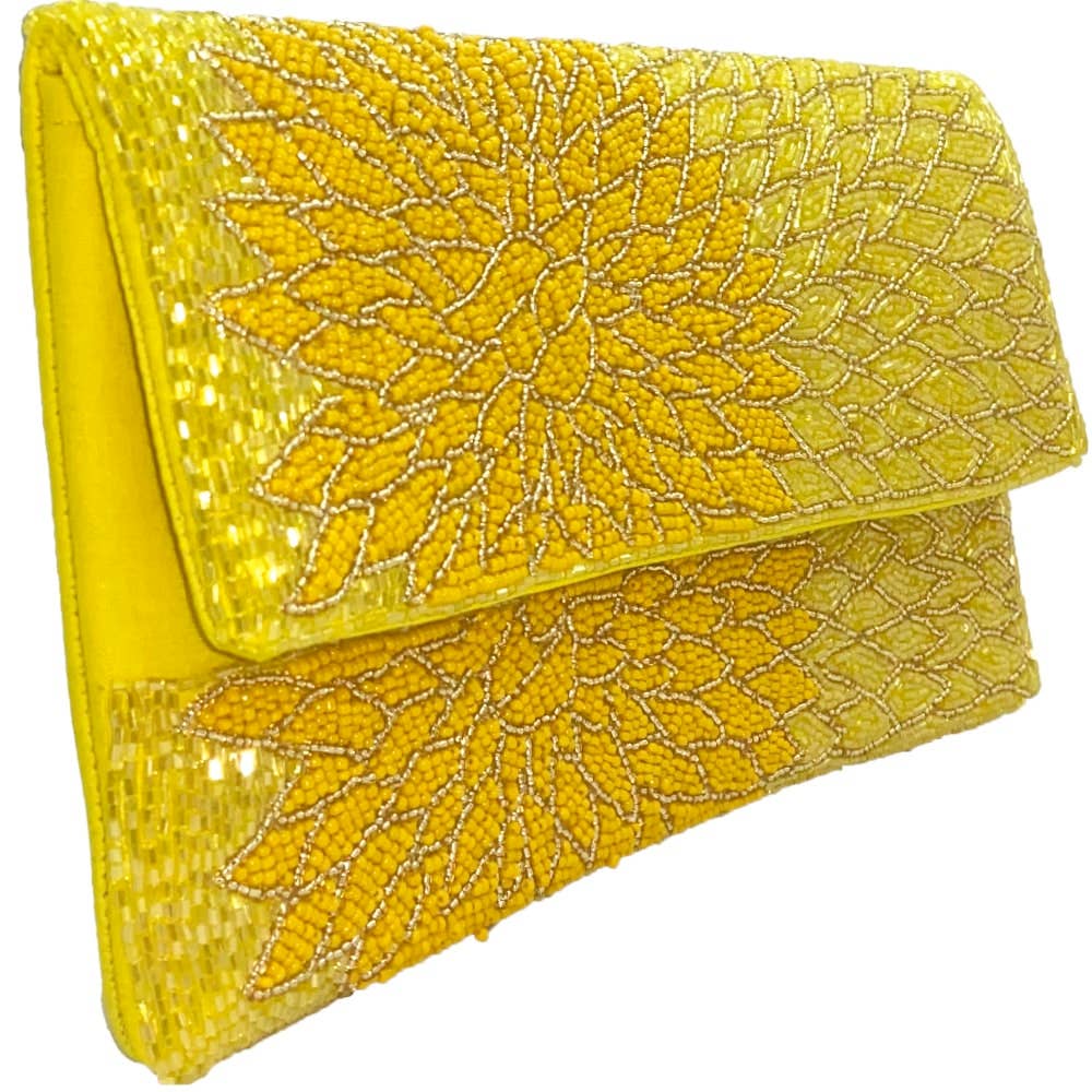 YELLOW FLORAL BEADED CLUTCH