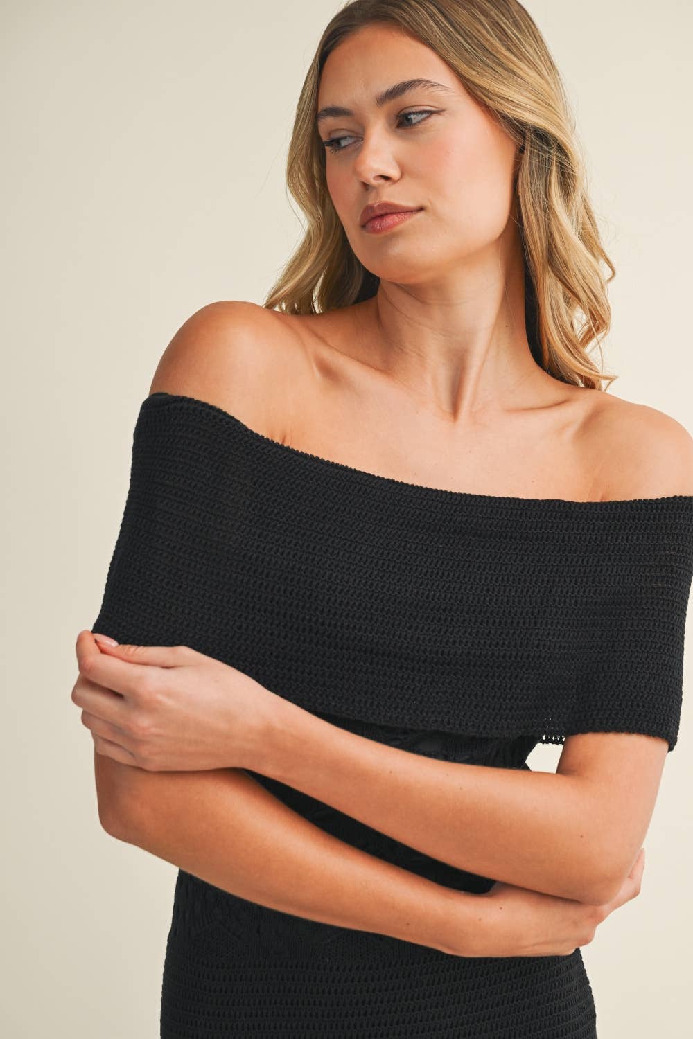 CROCHET FOLDOVER OFF SHOULDER SWEATER MAXI DRESS