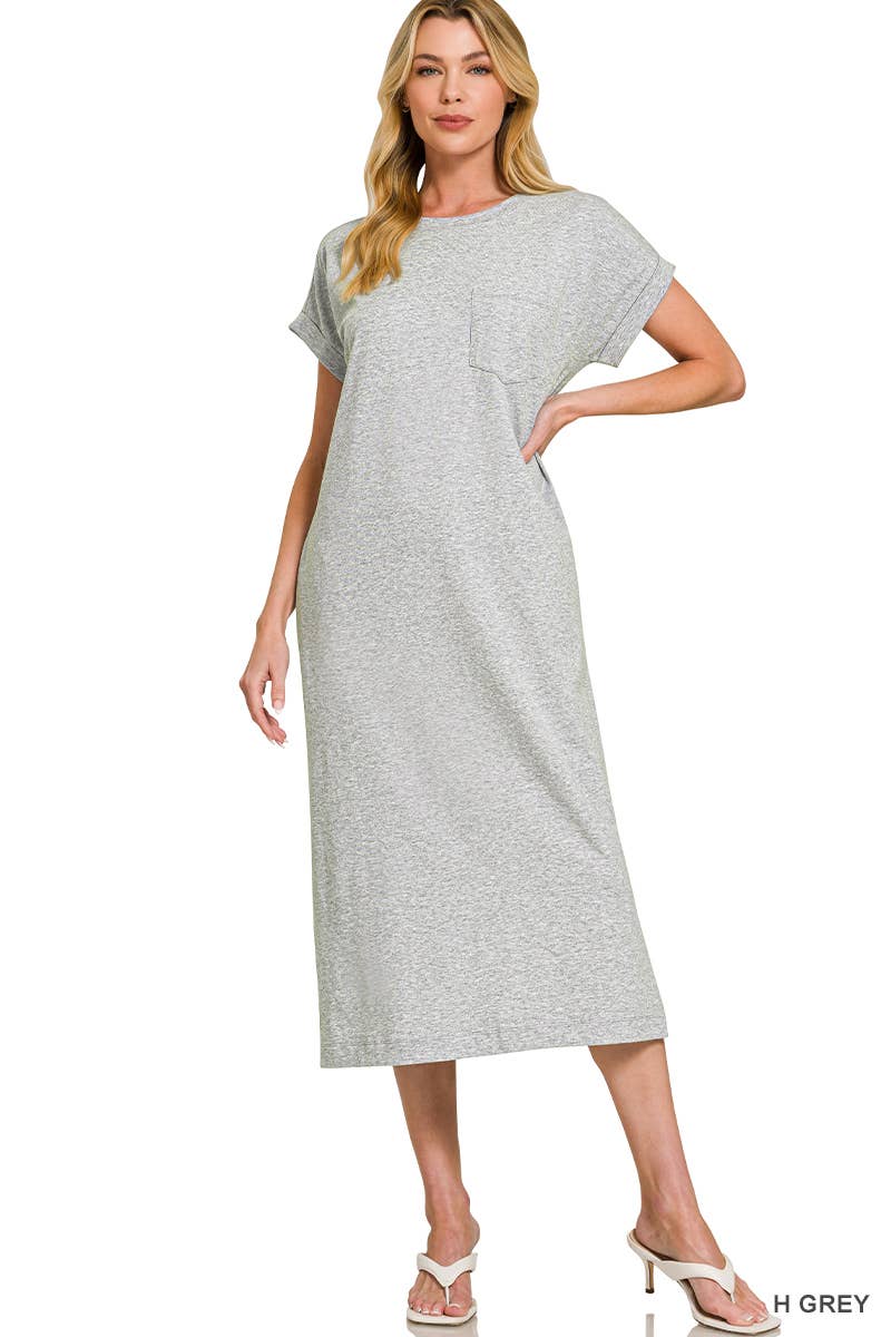 Round Neck Short Sleeve Midi Dress w/ Pockets - Zenana