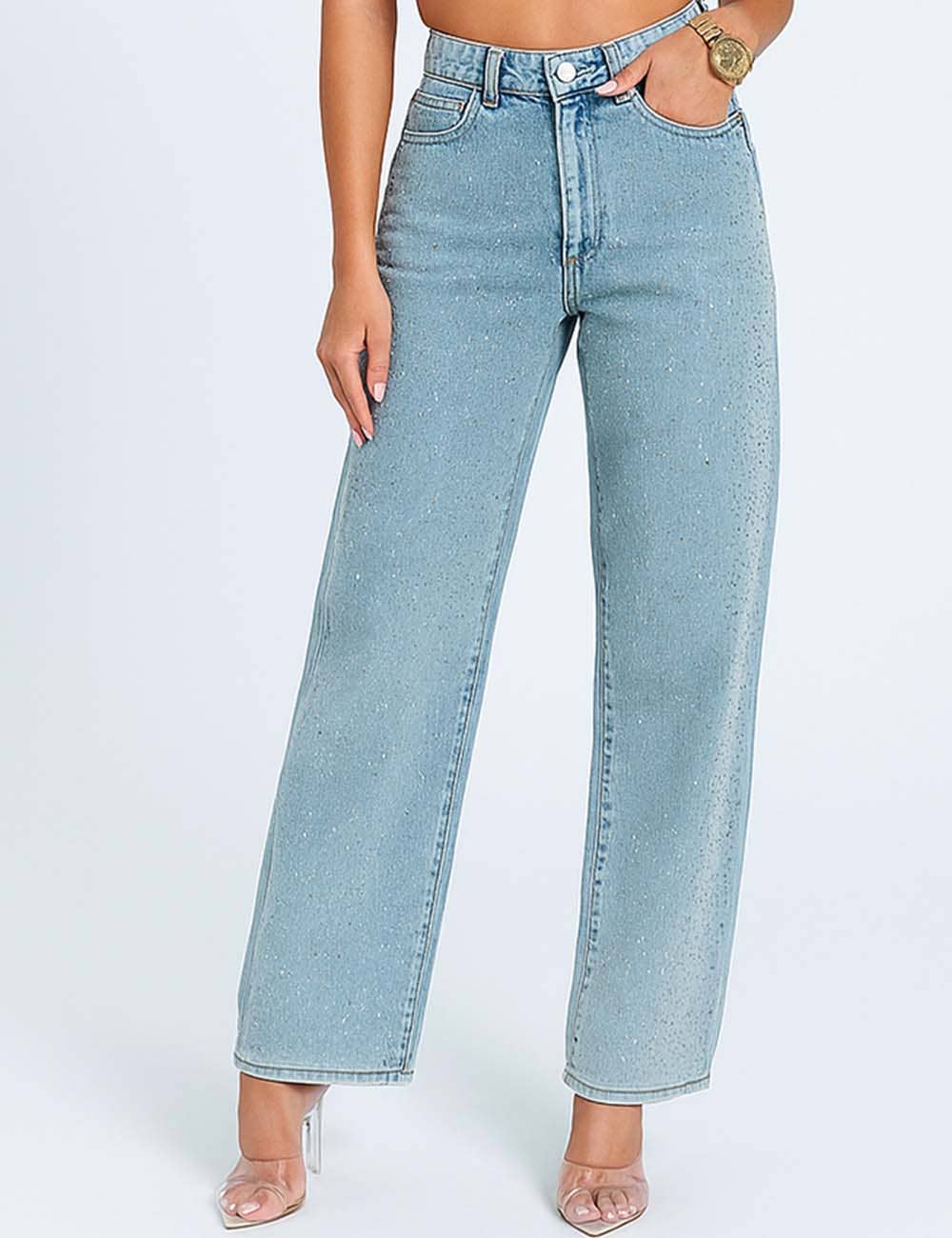 Ladies Rhinestone Button Front Straight Leg Denim Pants