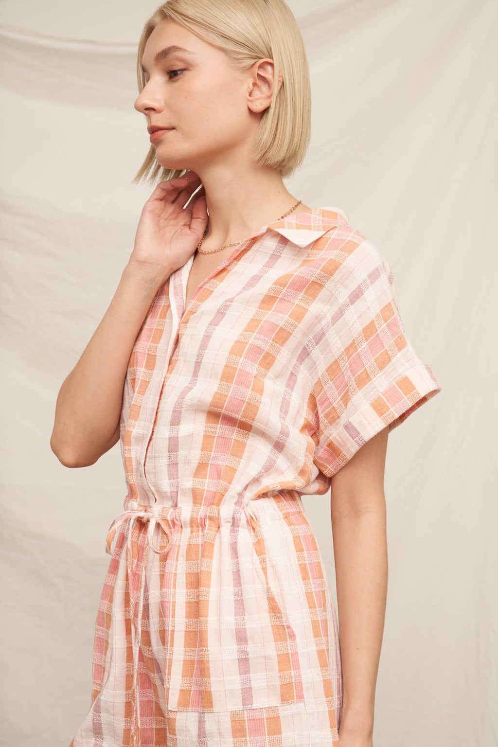 Short Sleeve Plaid Drawstring Waist Romper