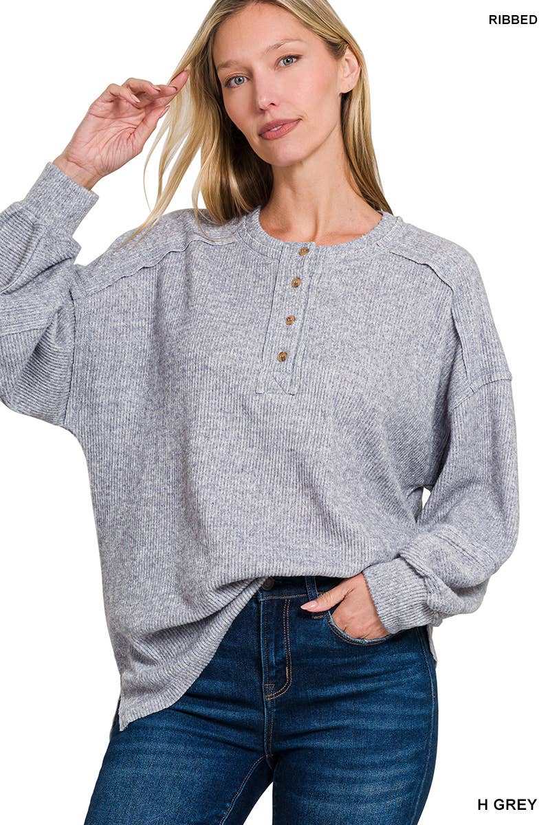 Ribbed Brushed Hacci Melange Henley Sweater