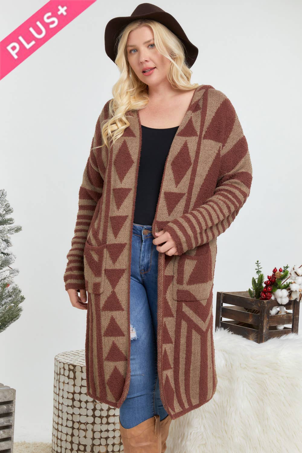 Plus - Aztec Pattern Knit Longline Hooded Cardigan