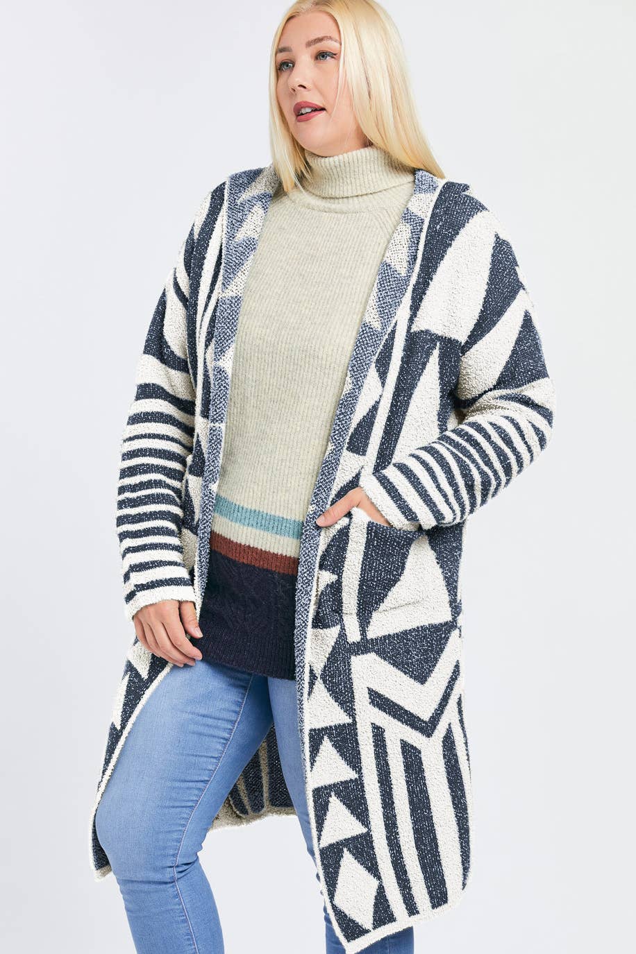 Plus - Aztec Pattern Knit Longline Hooded Cardigan