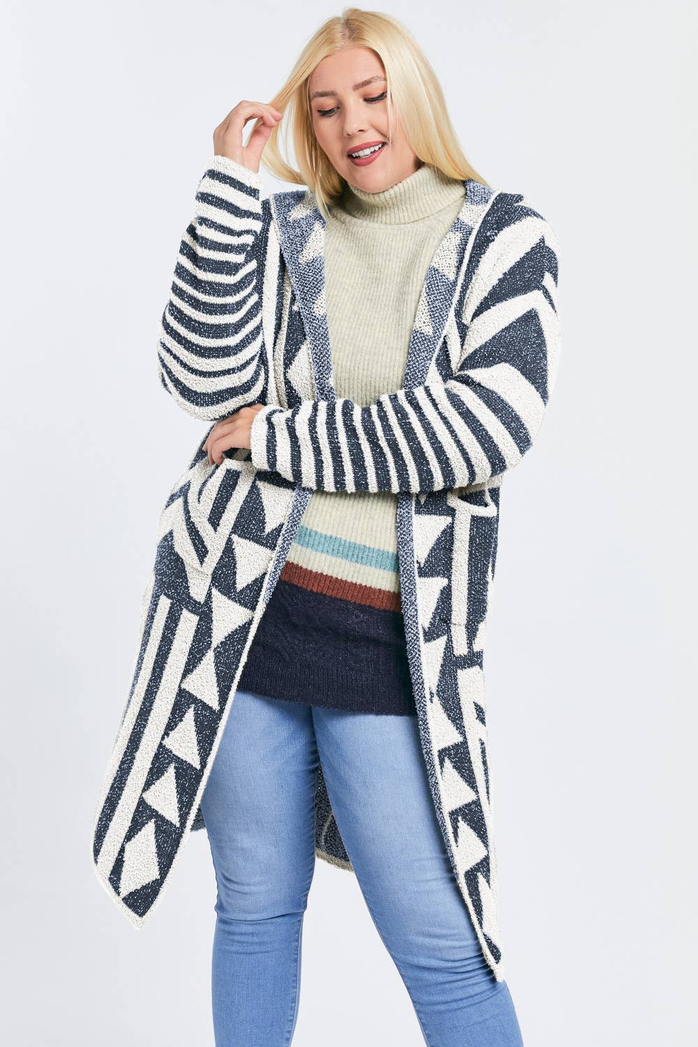 Plus - Aztec Pattern Knit Longline Hooded Cardigan