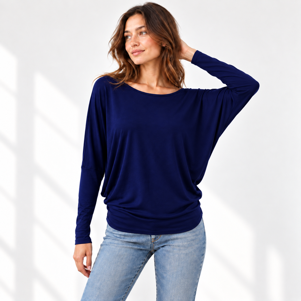 Relaxed Dolman Sleeve Top with Curved Back Hem