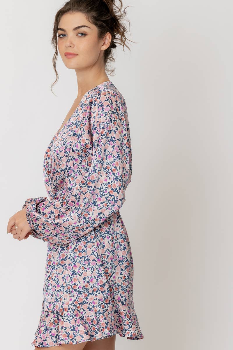 Long Sleeve V-Neck Satin Floral Mini Dress