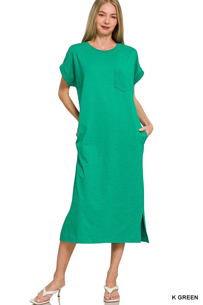 Round Neck Short Sleeve Midi Dress w/ Pockets - Zenana