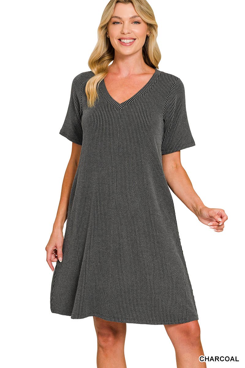 Raised Rib V Neck  A Line Dress With Side Pockets
