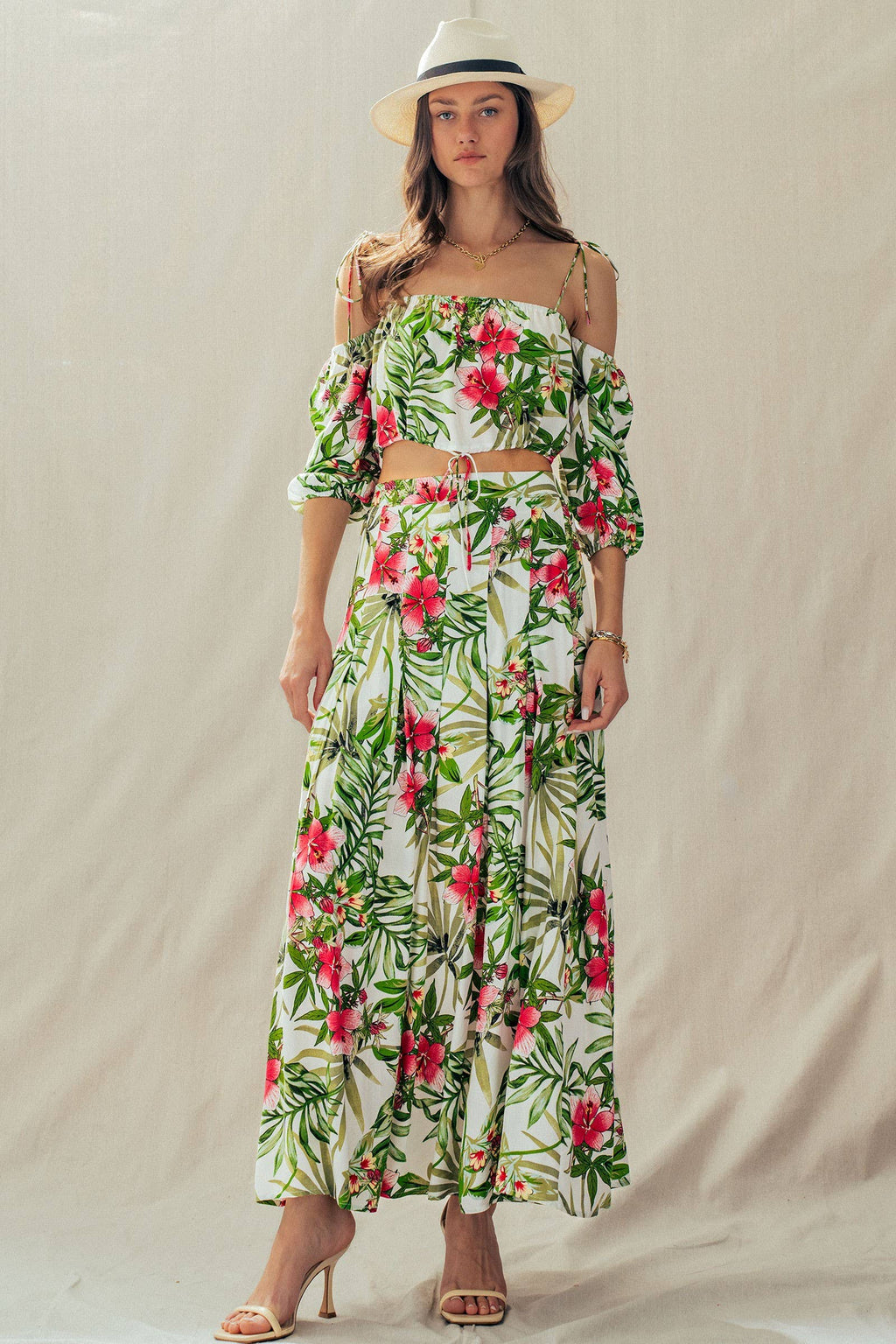 Off Shoulder Crop Top with Floral Maxi Skirt