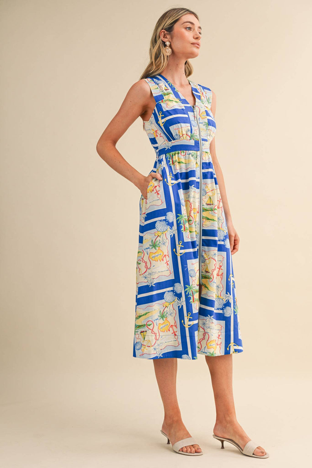 EXCLUSIVE NAUTICAL MAP PRT ZIPPER FRONT MIDI DRESS MDR5194