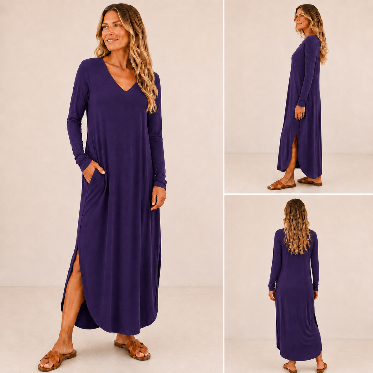 Long Sleeve V Neck Maxi Dress with Pockets, Side Slits