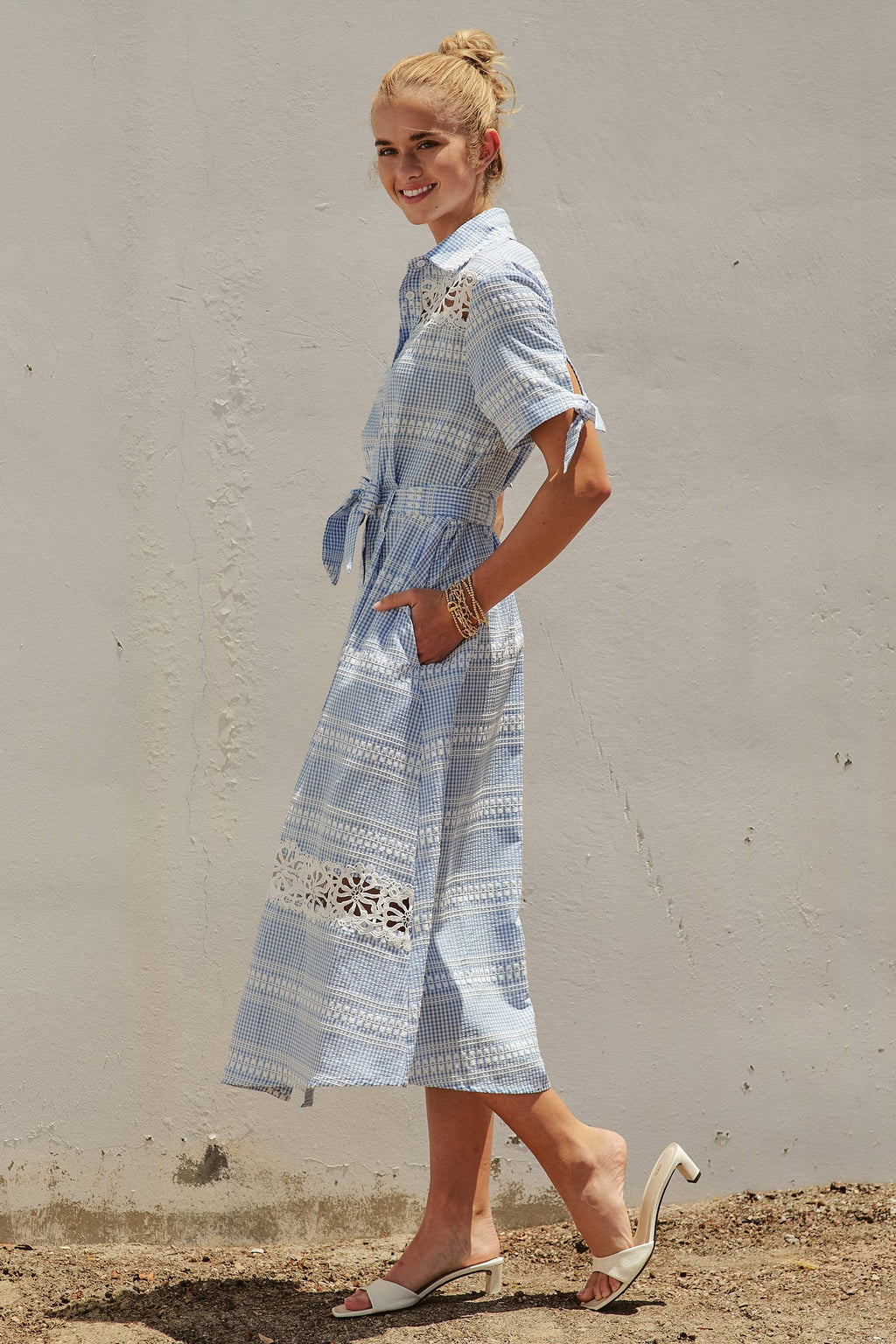 Gingham Cotton Shirt Dress Eyelet Embroidery