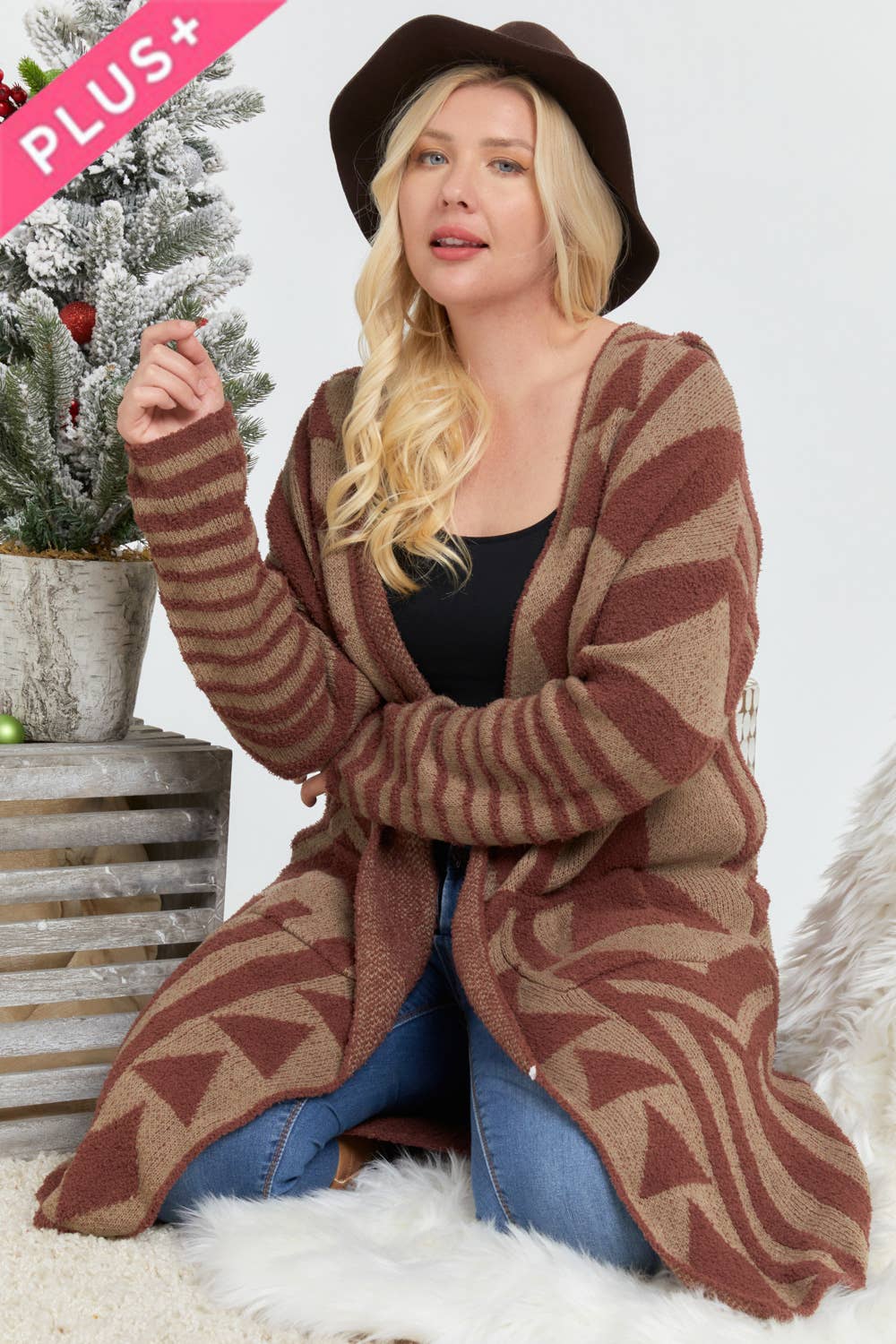 Plus - Aztec Pattern Knit Longline Hooded Cardigan