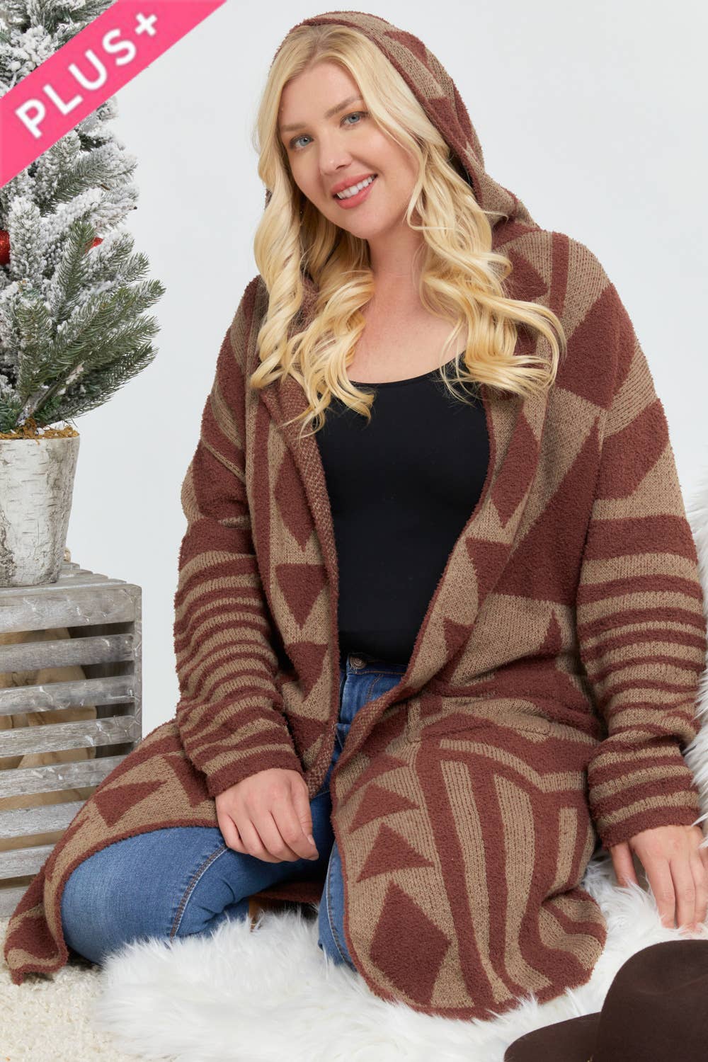 Plus - Aztec Pattern Knit Longline Hooded Cardigan
