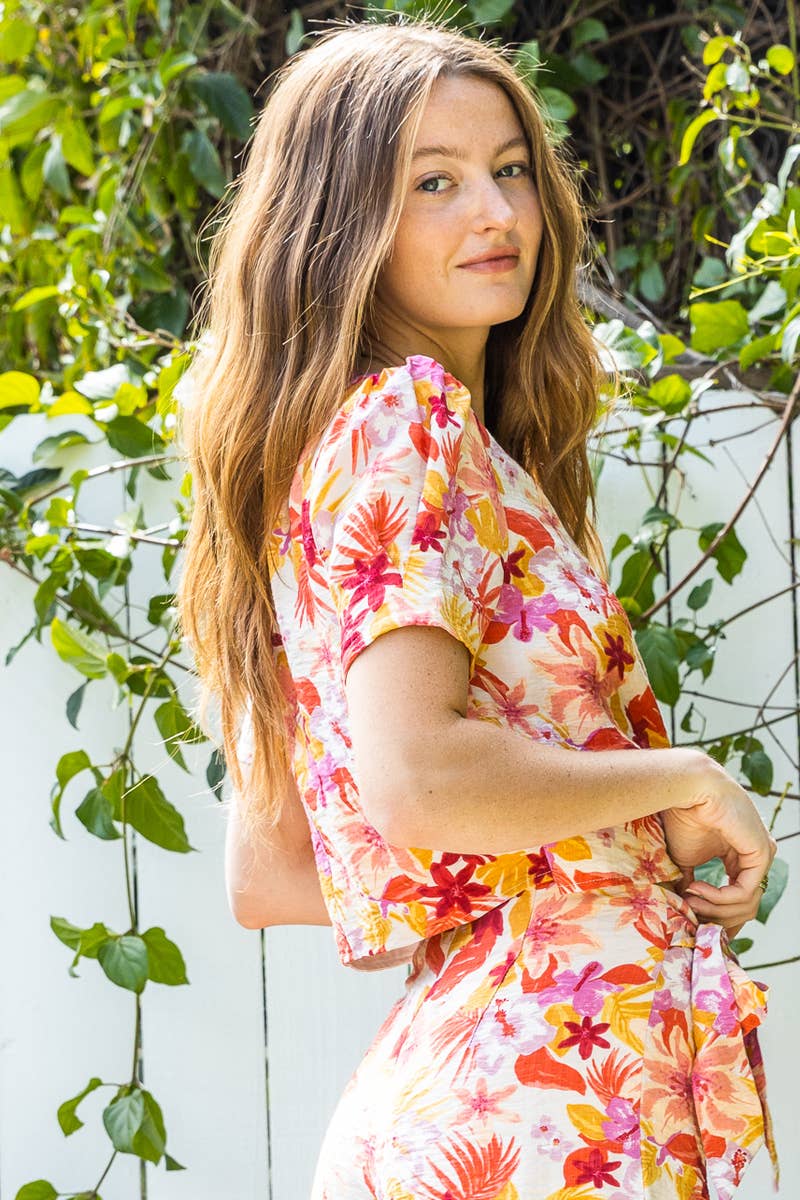 Tropical Print Wrap V Neck Top
