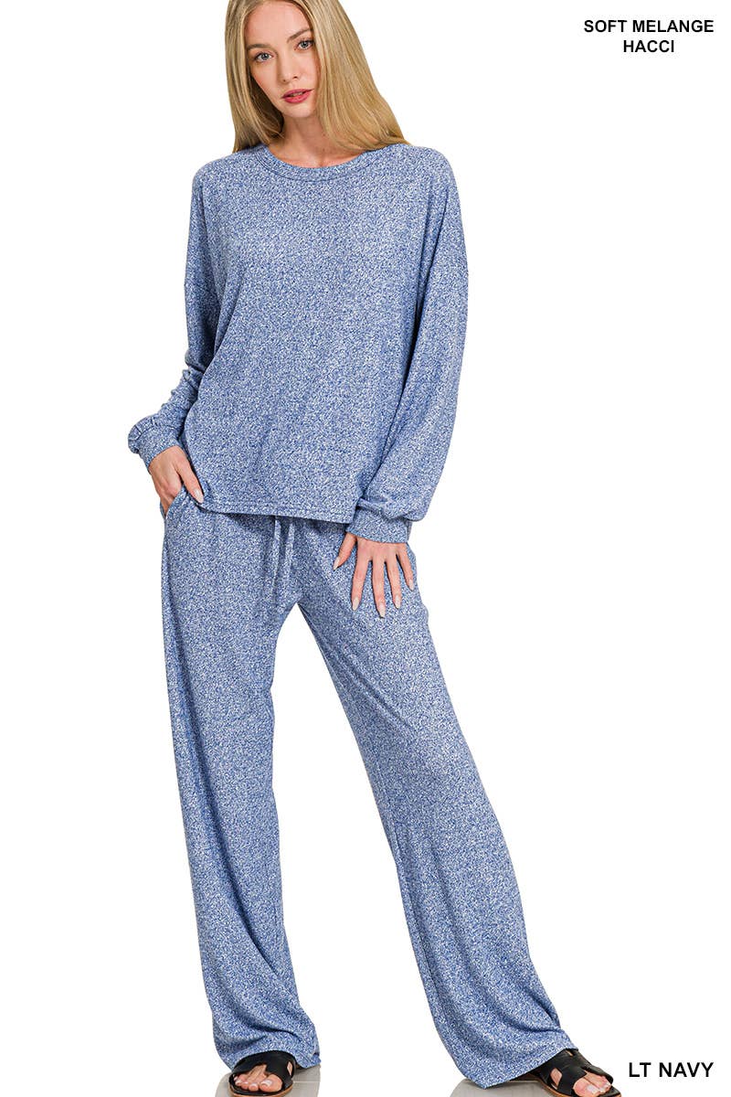 Soft Melange Hacci Long Slv Tee & Pants Set Zenana